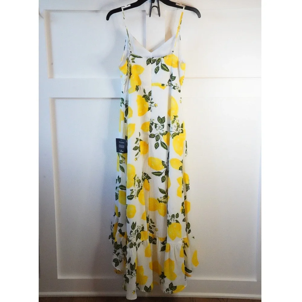 NWT, Lulus, Afternoon Air Yellow Lemon Print High-Low Ruffle Midi Dress Size M‎